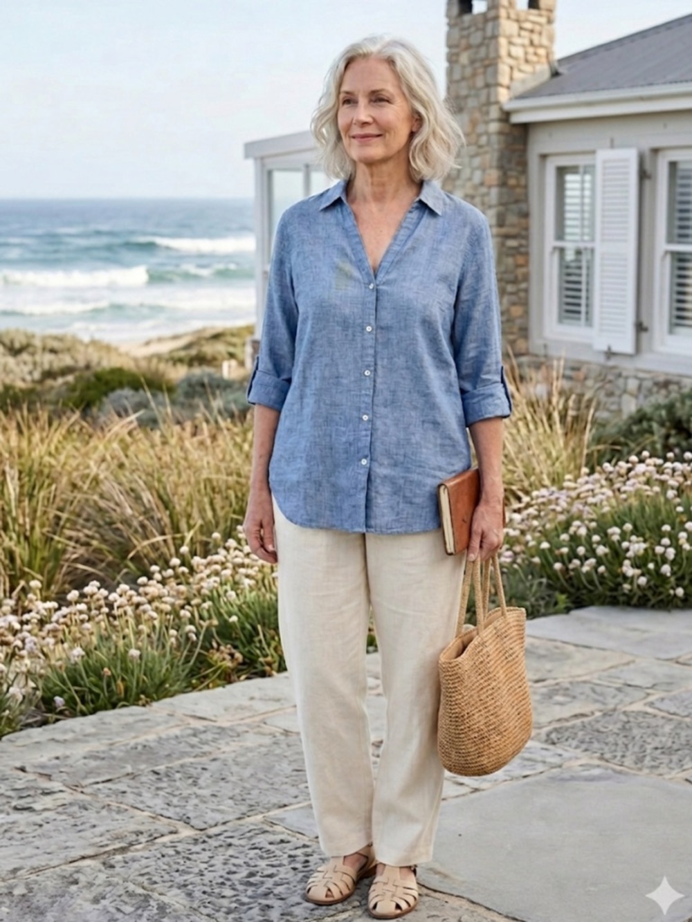 JM Collection 100% Linen Blue Button Down Shirt Size 16, AS IS